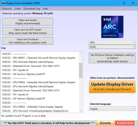 DDU Interface showing Intel driver options